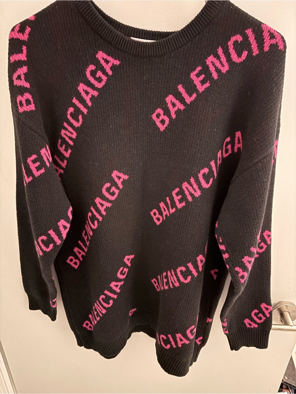 Balenciaga Black & Hot Pink Allover Logo Oversized Sweater XL Unisex